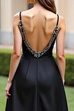 Black Spaghetti Straps A Line Backless Long Formal Dress with Slit