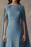 Grey Blue Round Neck Sheath Formal Dress with Maxi Shawl