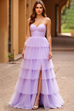 Lilac Spaghetti Straps A Line Tiered Long Prom Dress with Slit