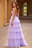 Lilac Spaghetti Straps A Line Tiered Long Prom Dress with Slit