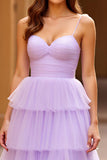 Lilac Spaghetti Straps A Line Tiered Long Prom Dress with Slit