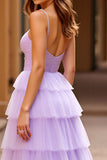 Lilac Spaghetti Straps A Line Tiered Long Prom Dress with Slit