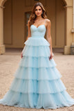 Princess Sky Blue Tiered Ball Gown Spaghetti Straps Tulle Long Prom Dress