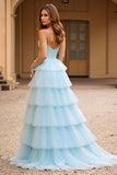 Princess Sky Blue Tiered Ball Gown Spaghetti Straps Tulle Long Prom Dress