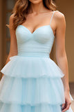 Princess Sky Blue Tiered Ball Gown Spaghetti Straps Tulle Long Prom Dress