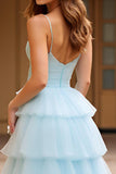 Princess Sky Blue Tiered Ball Gown Spaghetti Straps Tulle Long Prom Dress