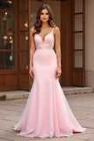 Mermaid Pink Lace Spaghetti Straps Long Prom Dress