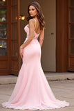 Mermaid Pink Lace Spaghetti Straps Long Prom Dress