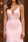 Mermaid Pink Lace Spaghetti Straps Long Prom Dress