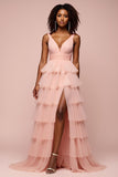 A Line Pink V-Neck Tiered Long Prom Dress with Slit