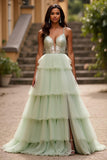 Light Green Tulle Tiered A Line Sequins Long Prom Dress with Slit