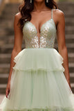 Light Green Tulle Tiered A Line Sequins Long Prom Dress with Slit