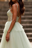 Light Green Tulle Tiered A Line Sequins Long Prom Dress with Slit