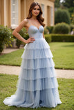 Tulle Light Blue Spaghetti Straps A Line Tiered Long Prom Dress