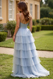 Tulle Light Blue Spaghetti Straps A Line Tiered Long Prom Dress