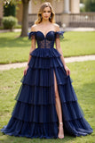 Navy Off the Shoulder Corset Lace Tiered A Line Long Prom Dress with Slit