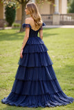 Navy Off the Shoulder Corset Lace Tiered A Line Long Prom Dress with Slit