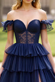 Navy Off the Shoulder Corset Lace Tiered A Line Long Prom Dress with Slit