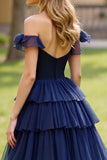 Navy Off the Shoulder Corset Lace Tiered A Line Long Prom Dress with Slit