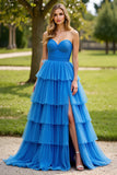 Blue Long A Line Strapless Tiered Prom Dress with Slit