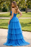 Blue Long A Line Strapless Tiered Prom Dress with Slit