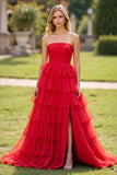 Red Strapless Ball Gown Tiered Long Prom Dress with Slit