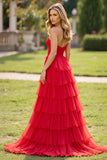 Red Strapless Ball Gown Tiered Long Prom Dress with Slit