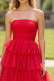 Red Strapless Ball Gown Tiered Long Prom Dress with Slit