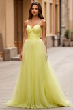 A Line Yellow Spaghetti Straps Ruched Long Prom Dress