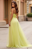 A Line Yellow Spaghetti Straps Ruched Long Prom Dress