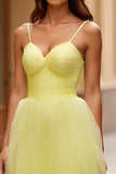 A Line Yellow Spaghetti Straps Ruched Long Prom Dress