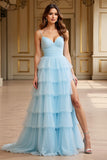 A Line Sky Blue Tiered Spaghetti Straps Long Prom Dress with Slit