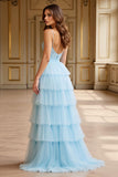 A Line Sky Blue Tiered Spaghetti Straps Long Prom Dress with Slit