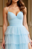 A Line Sky Blue Tiered Spaghetti Straps Long Prom Dress with Slit