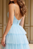 A Line Sky Blue Tiered Spaghetti Straps Long Prom Dress with Slit