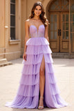 Strapless A Line Lilac Tiered Long Prom Dress with Slit