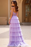 Strapless A Line Lilac Tiered Long Prom Dress with Slit