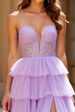 Strapless A Line Lilac Tiered Long Prom Dress with Slit