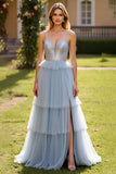 Grey Blue A Line Tulle Long Tiered Prom Dress with Slit