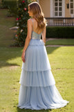 Grey Blue A Line Tulle Long Tiered Prom Dress with Slit