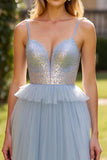 Grey Blue A Line Tulle Long Tiered Prom Dress with Slit