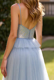 Grey Blue A Line Tulle Long Tiered Prom Dress with Slit