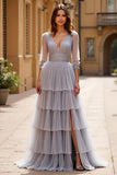 Grey V Neck Tiered A Line Pleated Long Prom Dress with Slit