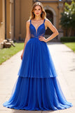 Royal Blue V Neck A Line Tulle Long Prom Dress