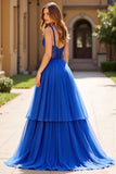 Royal Blue V Neck A Line Tulle Long Prom Dress