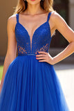 Royal Blue V Neck A Line Tulle Long Prom Dress