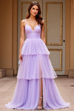 Lilac Spaghetti Straps Tiered Tulle A Line Long Prom Dress with Slit