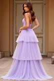 Lilac Spaghetti Straps Tiered Tulle A Line Long Prom Dress with Slit