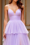 Lilac Spaghetti Straps Tiered Tulle A Line Long Prom Dress with Slit