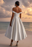 White A Line Satin Off the Shoulder Sweetheart Tea Length Graduation Dress